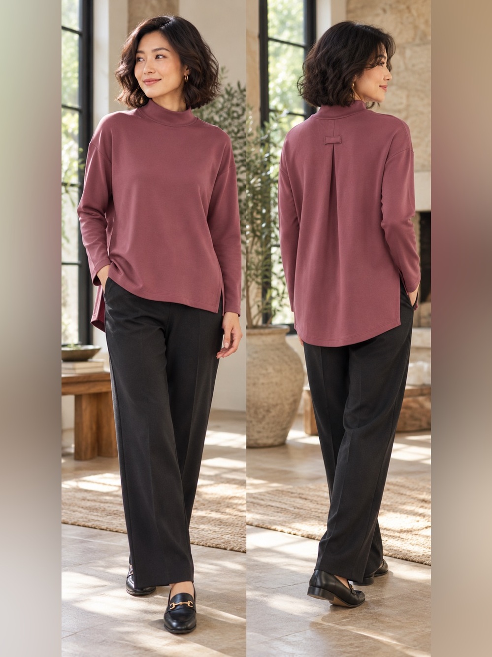 FLX Solace Mockneck Tunic Mauve High-Low Side Slit Top XS